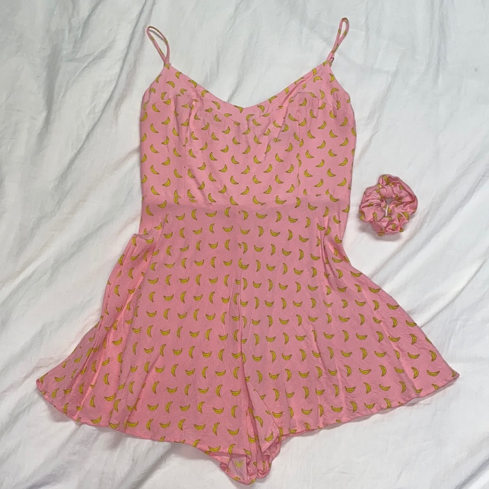 Pink Banana Print Romper with Matching Scrunchie